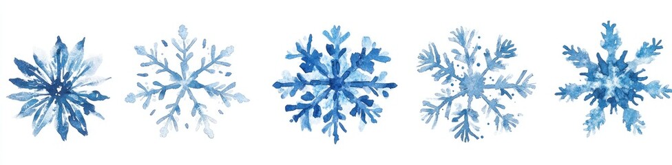 Four stylized, light-blue watercolor snowflakes