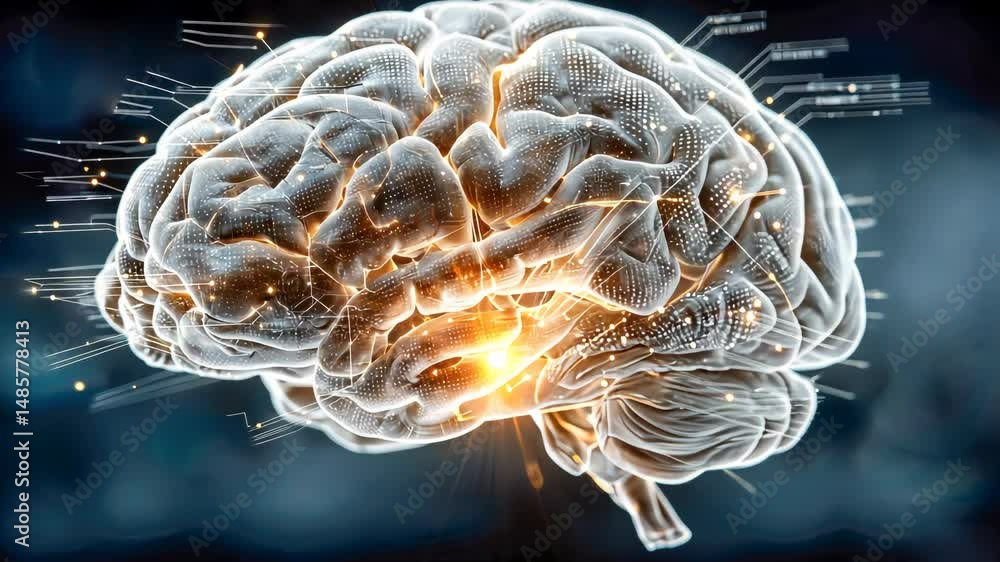 Poster futuristic concept of a glowing brain fused with microchips and neural circuits, symbolizing artific
