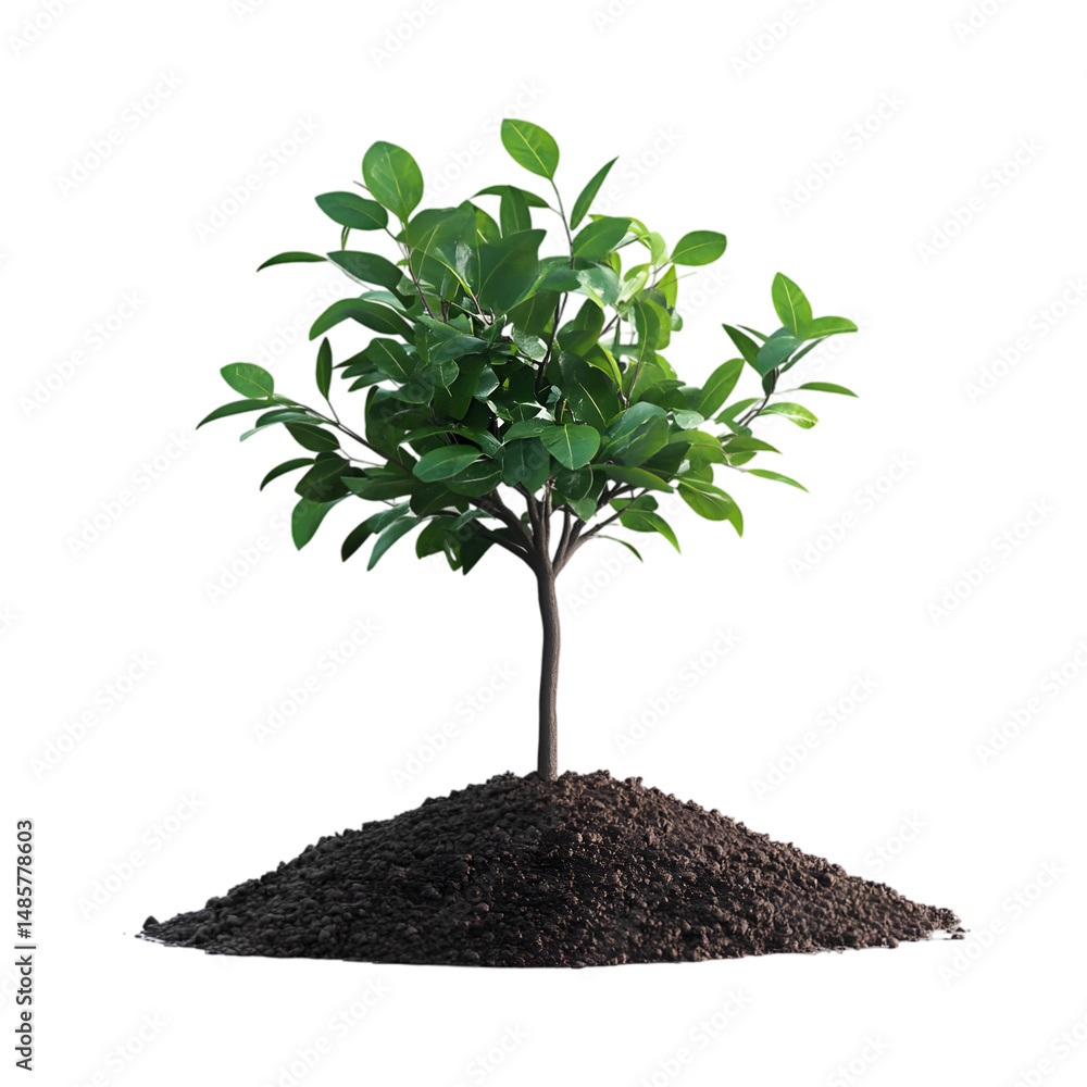 Poster digital illustration of a small tree, planted in dark soil, set against a dark backdrop. the image d