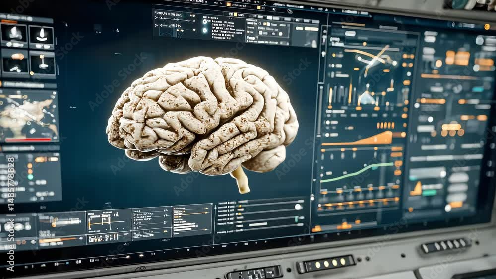 Poster a digital brain model displayed on a high-tech screen filled with data charts and futuristic interfa