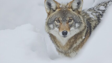 Naklejka premium Close-up view of a coyote in a snowy landscape.