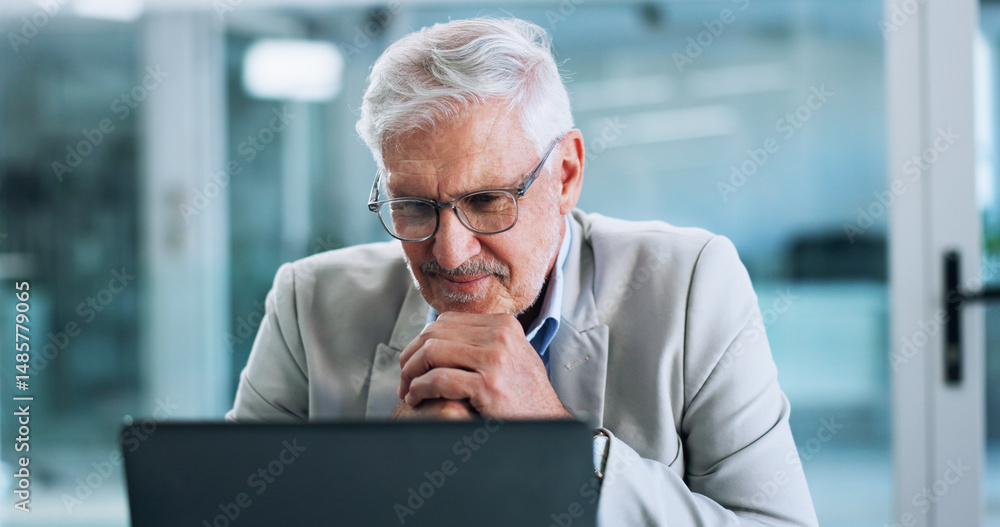 Poster laptop, smile and thinking with business man in office for corporate administration or problem solvi