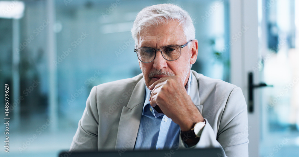 Poster business, laptop and thinking with mature man in office for corporate administration or problem solv