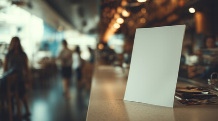 Obraz premium white menu mockup standing near cashier counter in casual restaurant