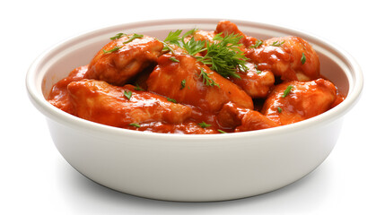 Close up of chicken wings with red sauce in a white bowl against a white background