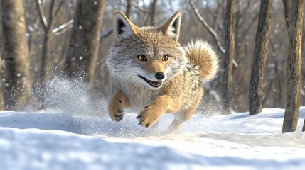 Naklejka premium A coyote running through a snowy forest.