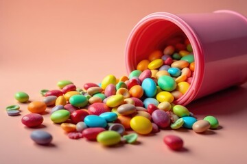 A chaotic pile of colorful candies overflowing from a container, creating a sweet storm , sweet explosion, gumdrops, sweet chaos