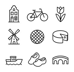 Amsterdam icon set with tulips, canals, windmills, bicycles, and stroopwafels, illustrated in simple linear style on transparent background