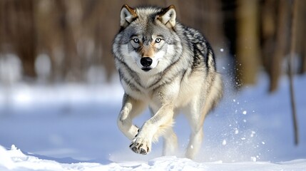 Naklejka premium Gray wolf in motion across snowy forest floor.