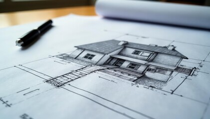 Architect's blueprints spread on a desk, showing a house plan , residential design, architectural drawing, construction