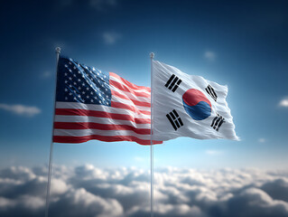 3d rendered image of the american flag and the south korean taegeukgi flying side by side against a