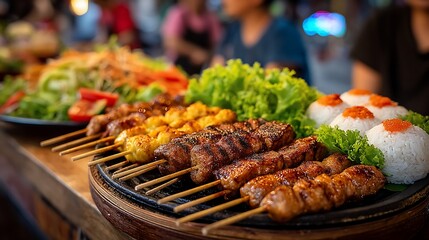 Grilled skewers with rice and salad
