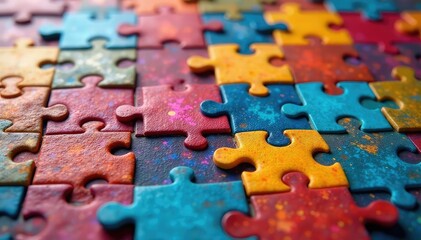 Close-up of a colorful jigsaw puzzle, nearly complete, with a few pieces remaining , jigsaw puzzle, game night