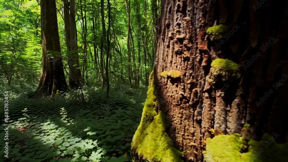Poster sunlight illuminates moss growing on a large tree trunk in a green forest, creating a nature scene.