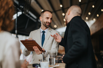 Business professionals discussing and collaborating in an outdoor meeting