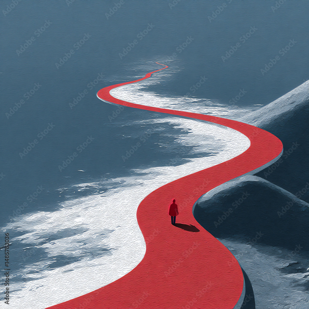 Poster minimalist flat illustration depicting a simple line path extending from a starting point to a targe