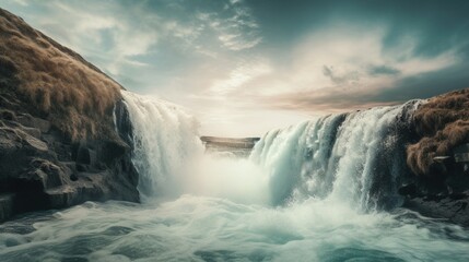 Majestic waterfall cascading down rugged cliffs under a dramatic sky