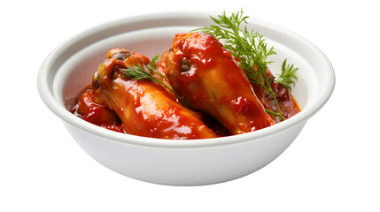 Close up of chicken wings in a white bowl with a red sauce and green garnish on a white background