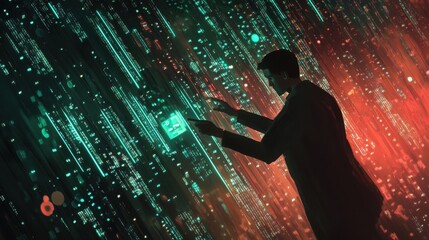 man interacting with futuristic digital interface