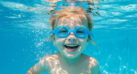 Naklejka premium Girl with goggles smiles underwater