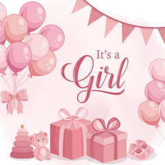 It's a girl announcement greeting card with pink baby elements Balloons presents bow footwear bear toy