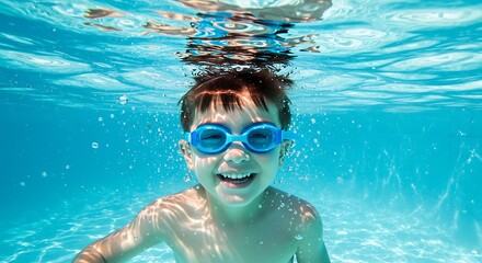 Naklejka premium Boy swims underwater with goggles