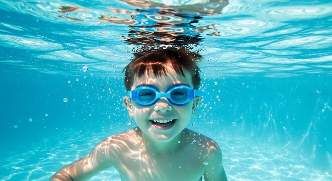 Boy swims underwater with goggles