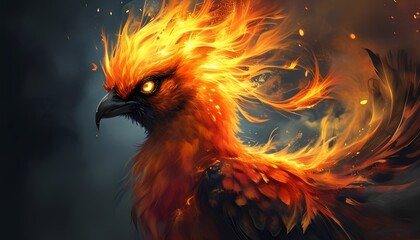  A powerful depiction of a phoenix with vibrant orange and yellow flames erupting from its body as it appears to be rising.