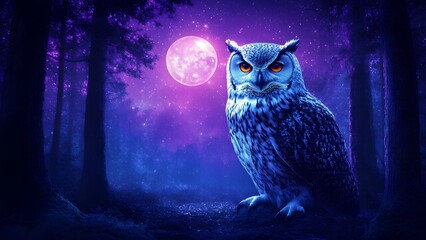 A nocturnal scene featuring a detailed owl perched on a branch under the glow of a large, bright moon in a dark, enchanted forest setting.