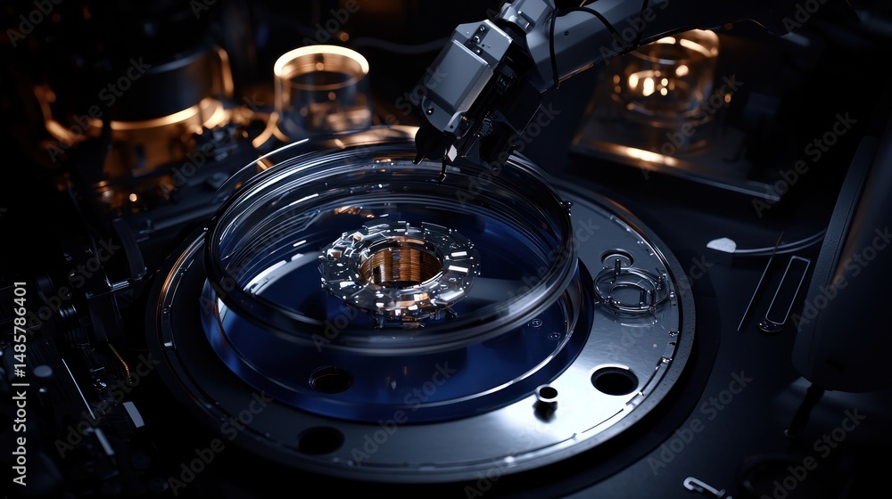 Aufkleber close-up view of a mechanical device working on a circular plate.