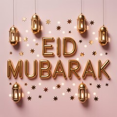Minimalist Eid Mubarak typography with golden 3D letters and festive decor on pastel background