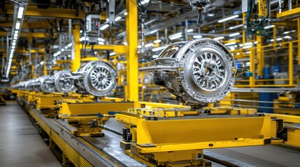 Industrial machinery on a production line transporting automotive components.