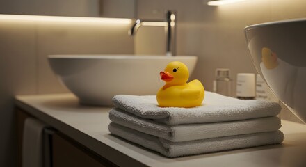 Yellow rubber duck on white towels in modern bathroom