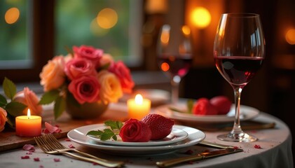 Romantic anniversary dinner setup, candles, flowers, wine , setting, joyful
