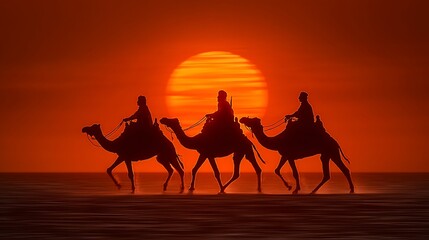 Sunset Camel Caravan Arabian Desert Silhouette.
