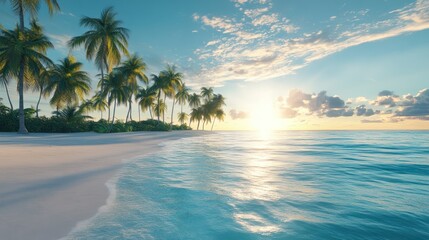 Fototapeta premium Tropical beach sunset paradise, tranquil scene, perfect vacation destination, ideal for travel brochures, calendars, or posters