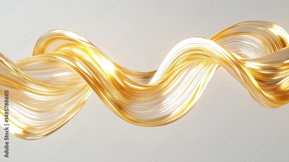 Poster Golden abstract brushstroke swirl floating on light background with smooth flowing texture and elegant metallic shine