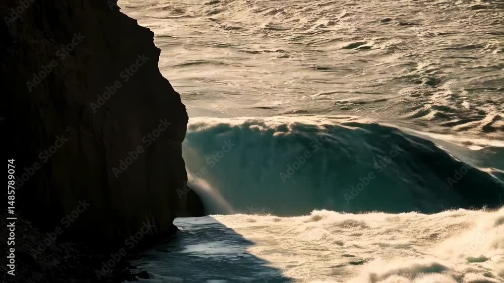 Poster water crashes powerfully against a rocky cliff, creating strong waves and a dynamic ocean scene with