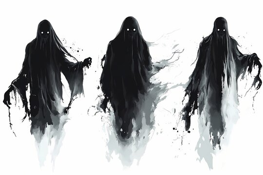 Three dark figures with glowing eyes isolated