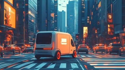 Fototapeta premium autonomous delivery van in city street at dusk