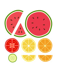 Fruit & vegetable slices vekcor set. Watermelon, Tomaten, Lemon, Orange, Cucumber.