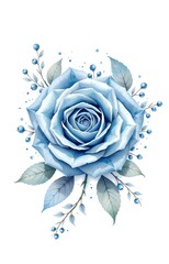 A blue  hued rose surrounded by leaves and small blue berries, depicted in a water  color style. 