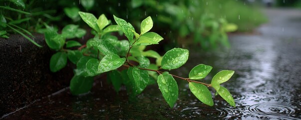 Fresh Green Leaves with Raindrops Reflecting Light in Natural Outdoor Setting