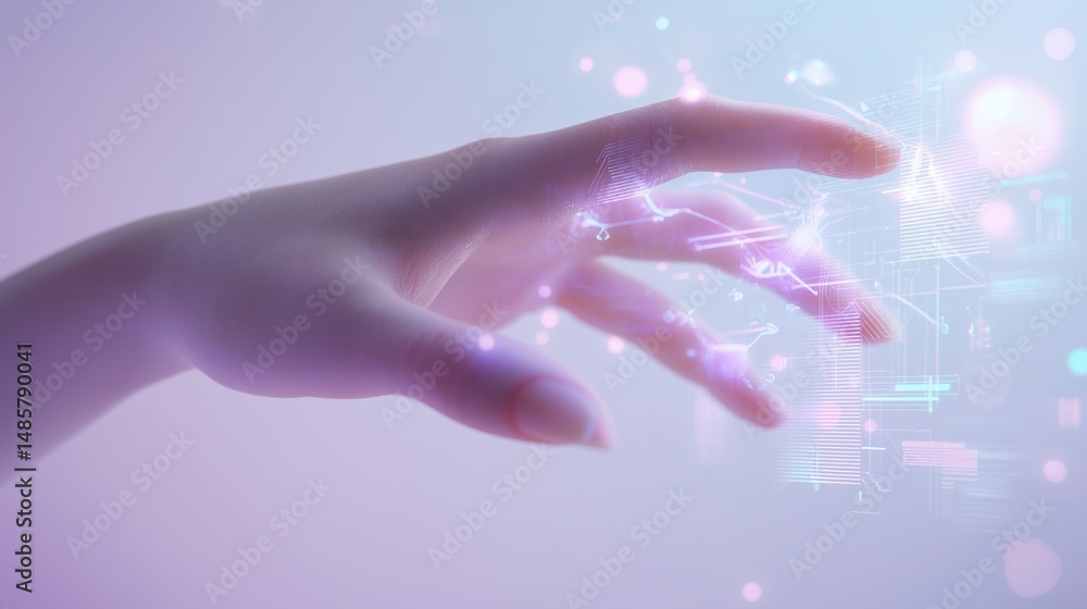 Poster futuristic human hand interacting with glowing digital interface, concept of artificial intelligence