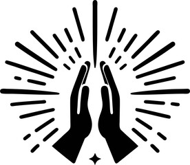 Minimalist Vector Illustration of Hands Clapping or Praying with Radiating Lines, Black and white minimalist vector illustration depicting two stylized hands coming together in a clapping or praying 