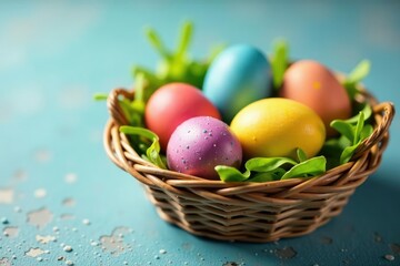 Naklejka premium Vibrant dyed Easter eggs in a basket, colorful spring decoration , celebratory, tradition, seasonal