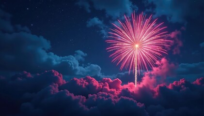 Vibrant fireworks burst against a night sky, illuminating dark clouds , fire, yellow, event