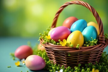Vibrant dyed Easter eggs in a basket, colorful spring decoration , dyed, seasonal