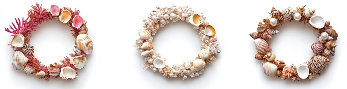 Three seashell wreaths on white background