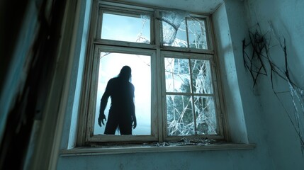 A shadowy figure stands outside a broken window, creating a haunting atmosphere